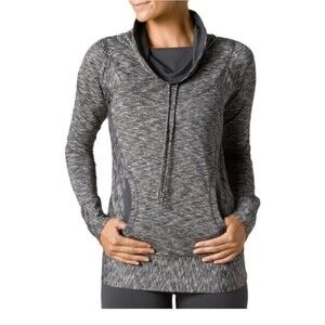 prAna Ember Cowl Neck Pullover Gray Black Heather Thumbhole Workout Outdoor  XS